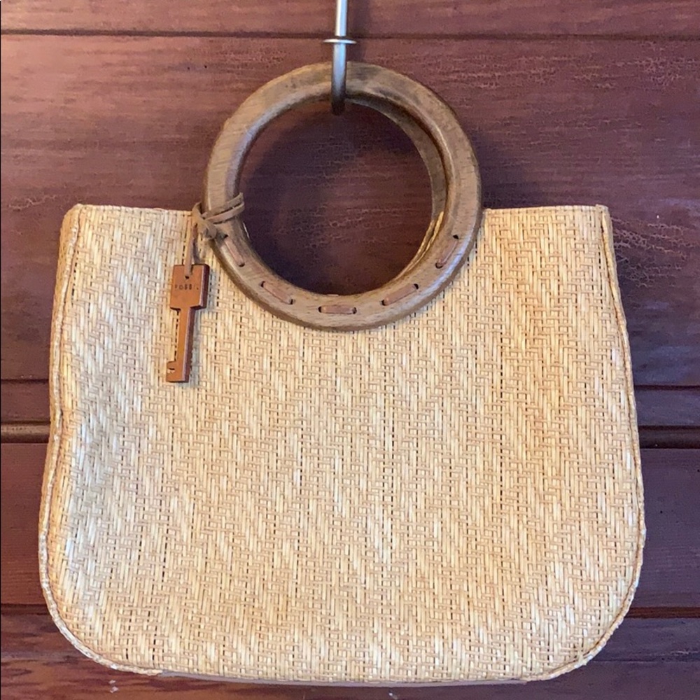 Fossil  woven straw and wood  handbag